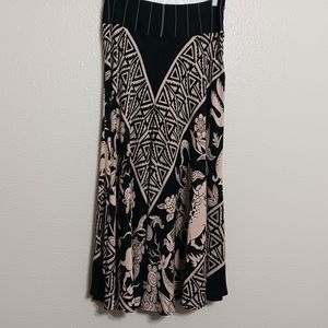 Harari Black Tan Silk Geometric Floral Birds Giraffe Maxi Skirt